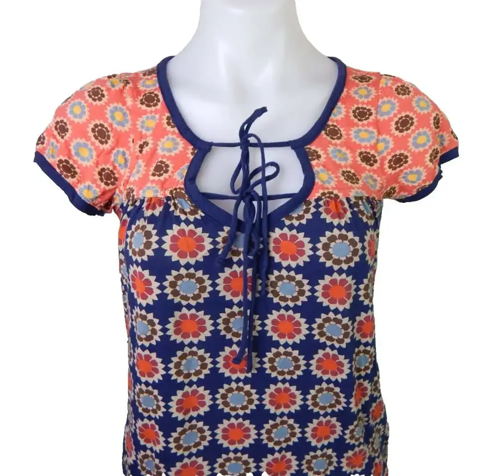 Lucky Brand XS Mini T-Shirt Dress Vtg Y2K Boho Floral Mandala Tie Short Sleeve